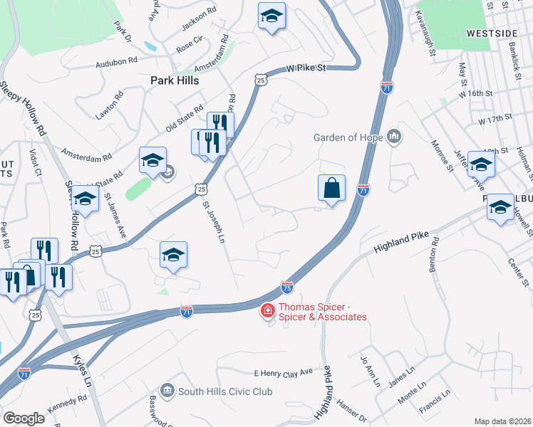 map of restaurants, bars, coffee shops, grocery stores, and more near 1208 Far Hills Drive in Park Hills