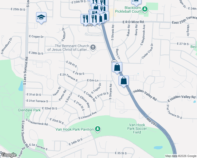 map of restaurants, bars, coffee shops, grocery stores, and more near 3013 South Downey Avenue in Independence