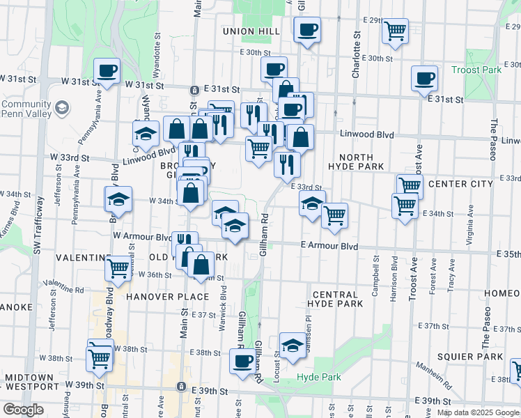 map of restaurants, bars, coffee shops, grocery stores, and more near 3432 Gillham Road in Kansas City