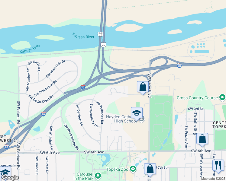 map of restaurants, bars, coffee shops, grocery stores, and more near 4217 Southwest Emland Drive in Topeka