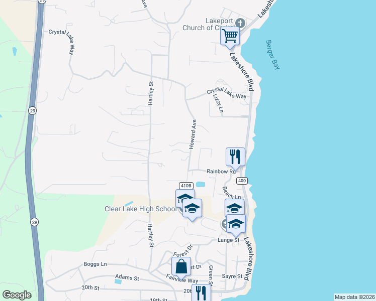 map of restaurants, bars, coffee shops, grocery stores, and more near 2667 Howard Avenue in Lakeport