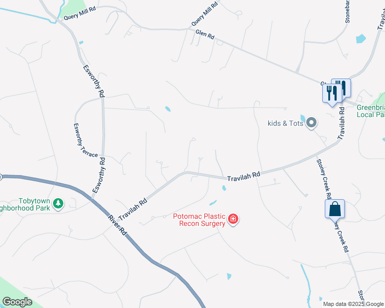 map of restaurants, bars, coffee shops, grocery stores, and more near 12646 Travilah Road in Potomac