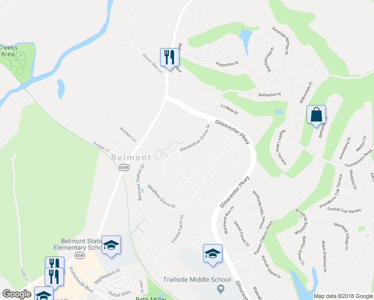 map of restaurants, bars, coffee shops, grocery stores, and more near 19914 Alexandras Grove Drive in Ashburn