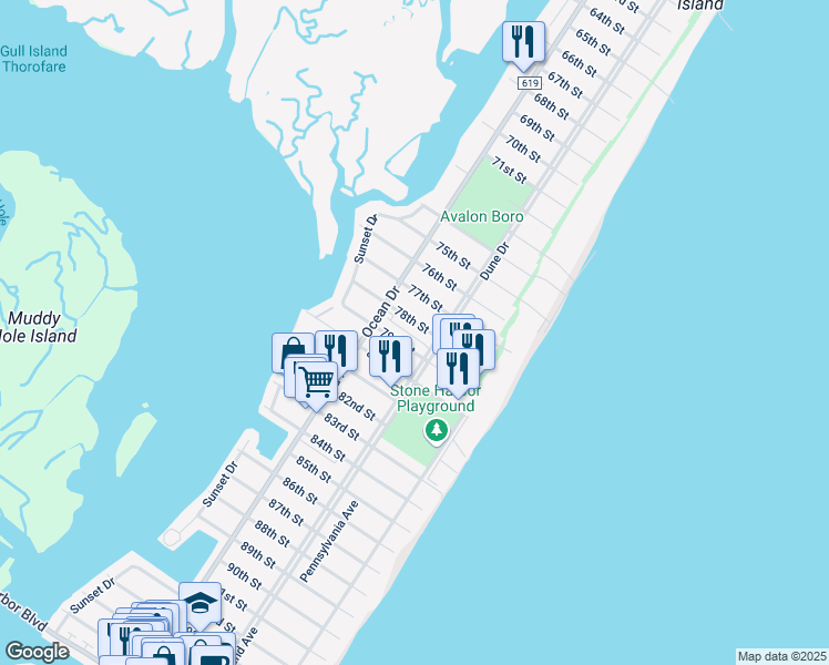 map of restaurants, bars, coffee shops, grocery stores, and more near 7800 Dune Drive in Avalon