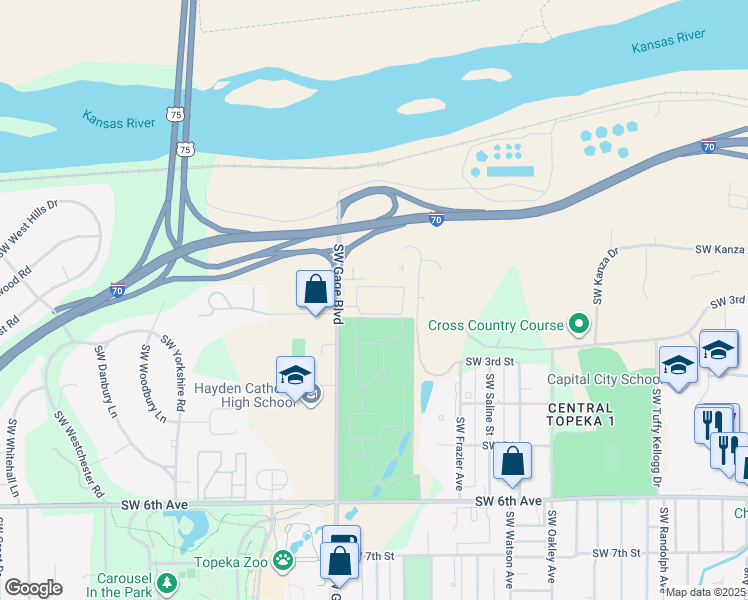map of restaurants, bars, coffee shops, grocery stores, and more near 238 Southwest Gage Boulevard in Topeka