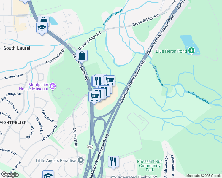 map of restaurants, bars, coffee shops, grocery stores, and more near 12675 Laurel Bowie Road in Laurel