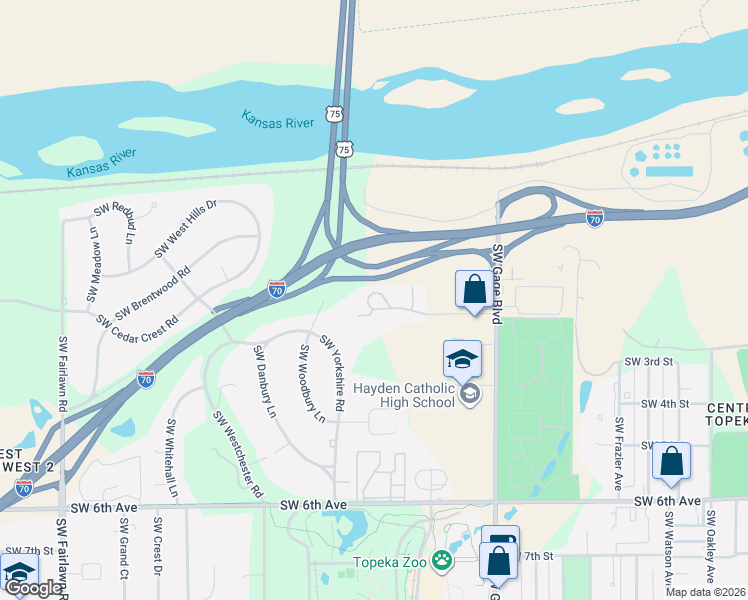 map of restaurants, bars, coffee shops, grocery stores, and more near 4231 Southwest Emland Drive in Topeka