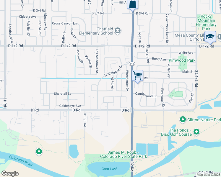 map of restaurants, bars, coffee shops, grocery stores, and more near 435 32 Road in Clifton