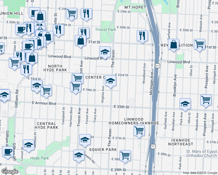 map of restaurants, bars, coffee shops, grocery stores, and more near 3316 The Paseo in Kansas City