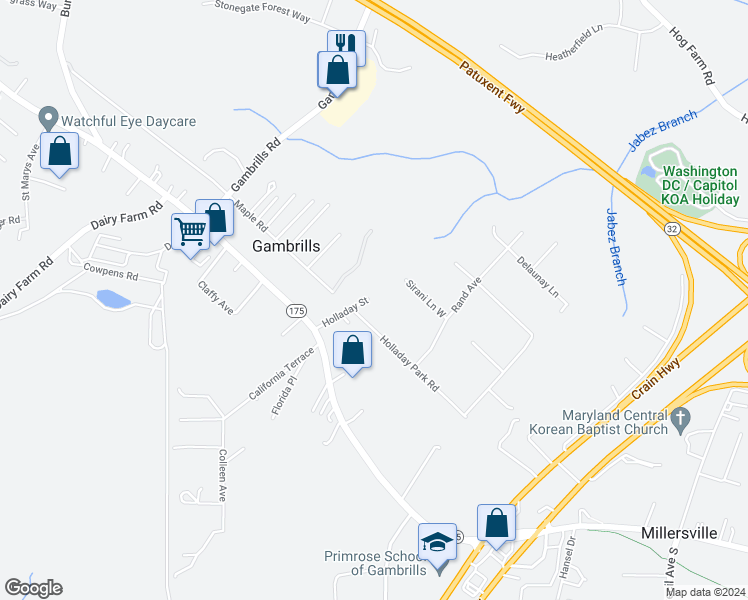 map of restaurants, bars, coffee shops, grocery stores, and more near 1750 Holladay Park Road in Gambrills