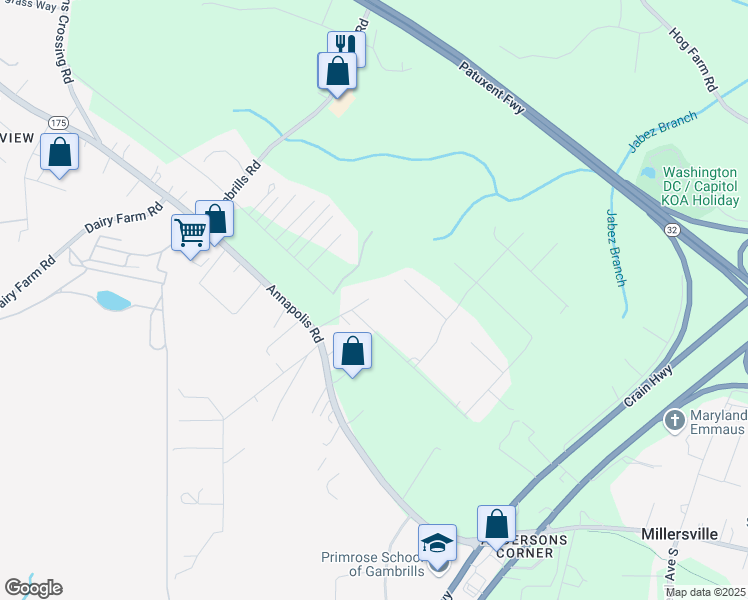 map of restaurants, bars, coffee shops, grocery stores, and more near 1750 Holladay Park Road in Gambrills