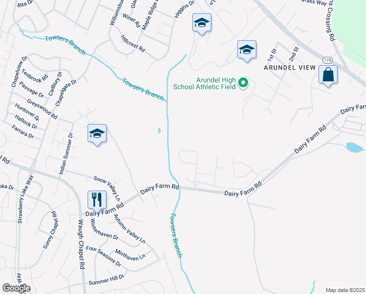 map of restaurants, bars, coffee shops, grocery stores, and more near 653 Highland Farms Circle in Gambrills