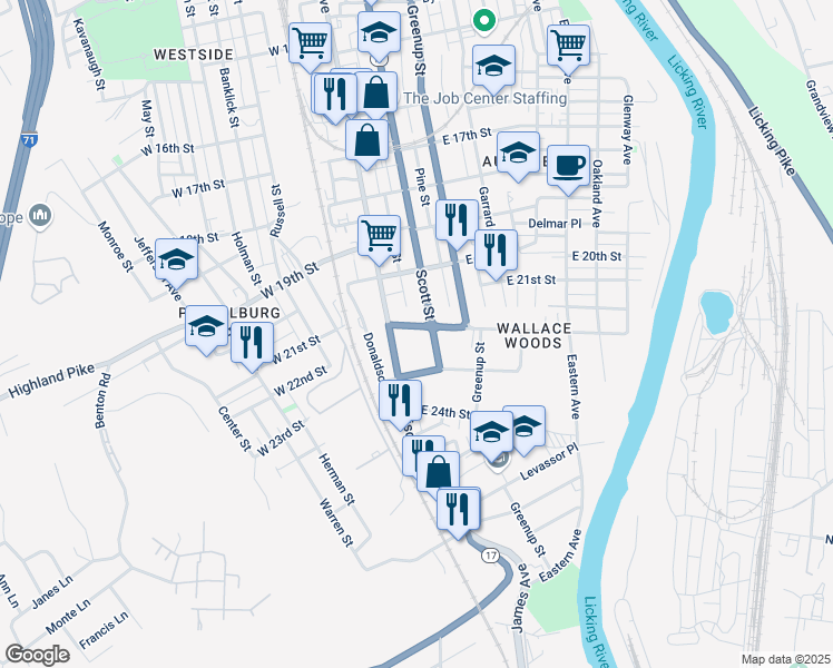 map of restaurants, bars, coffee shops, grocery stores, and more near 19 Wallace Avenue in Covington