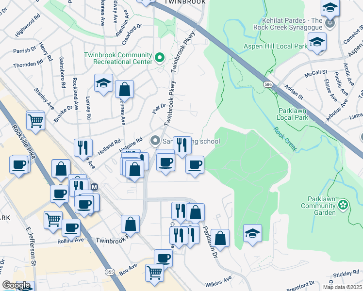 map of restaurants, bars, coffee shops, grocery stores, and more near 5511 Halpine Place in Rockville