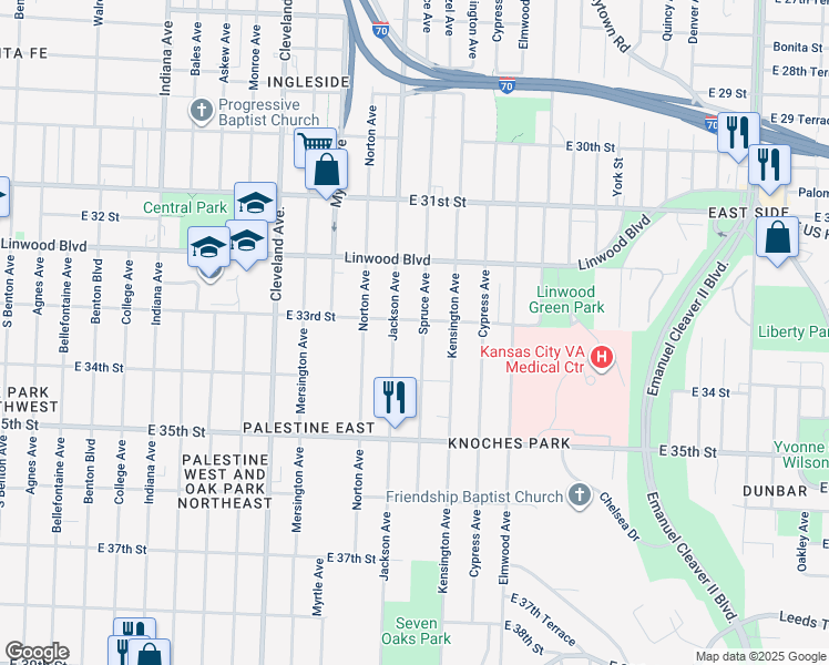 map of restaurants, bars, coffee shops, grocery stores, and more near 3239 Jackson Avenue in Kansas City