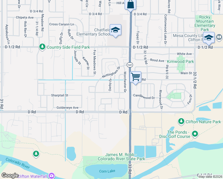 map of restaurants, bars, coffee shops, grocery stores, and more near Bedford Drive in Clifton