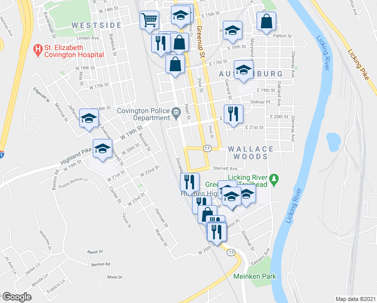 map of restaurants, bars, coffee shops, grocery stores, and more near 2020 Madison Avenue in Covington