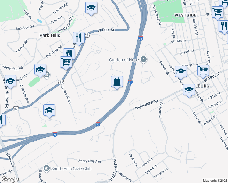 map of restaurants, bars, coffee shops, grocery stores, and more near 1135 Cedar Ridge Lane in Park Hills