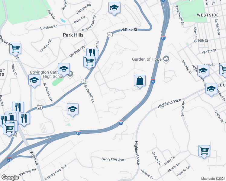 map of restaurants, bars, coffee shops, grocery stores, and more near 1135 Cecelia Avenue in Park Hills