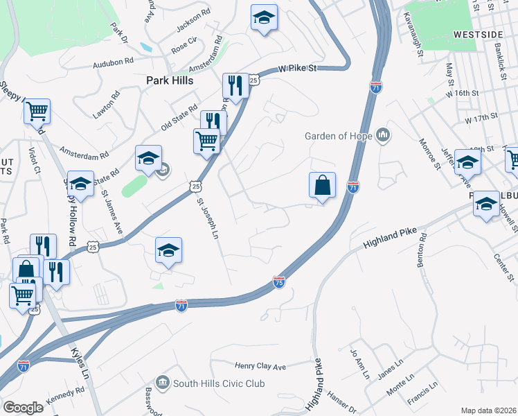 map of restaurants, bars, coffee shops, grocery stores, and more near 1135 Cecelia Avenue in Park Hills