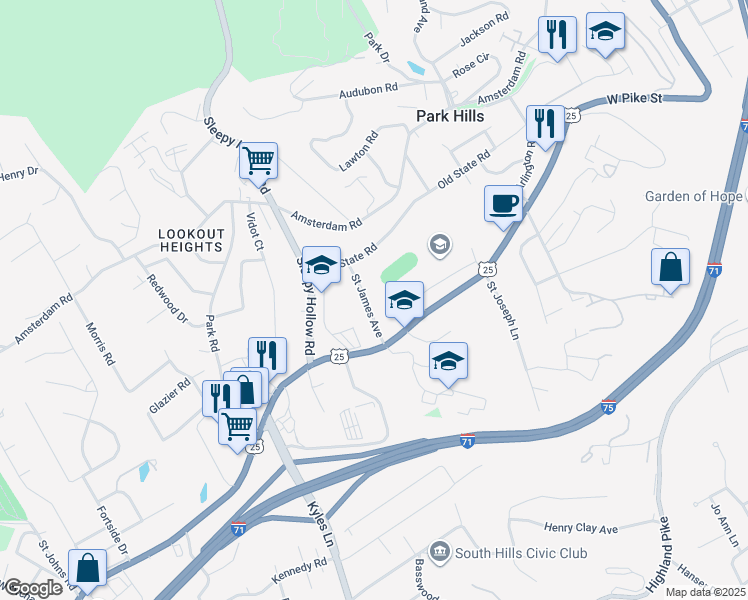 map of restaurants, bars, coffee shops, grocery stores, and more near 832 Saint James Avenue in Park Hills