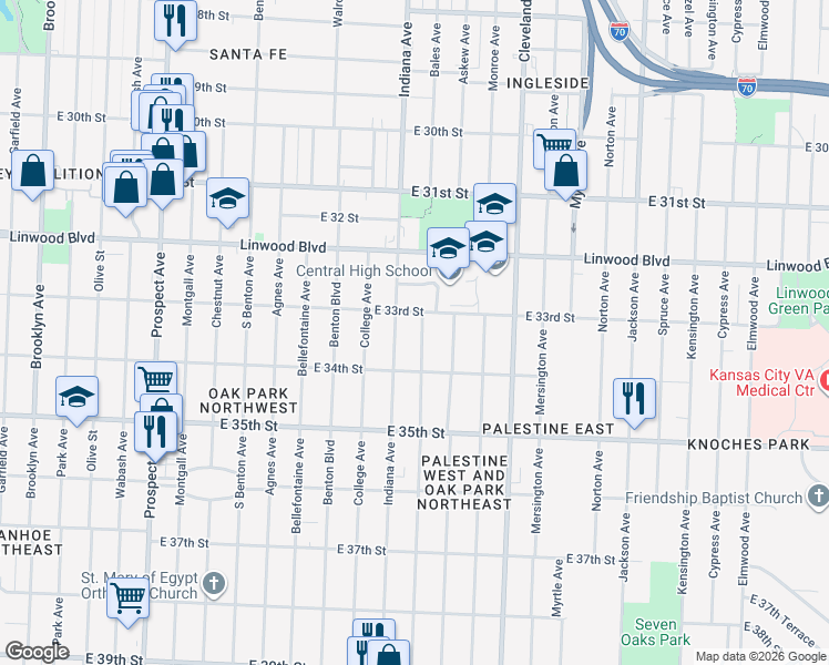map of restaurants, bars, coffee shops, grocery stores, and more near 3401 East 33rd Street in Kansas City
