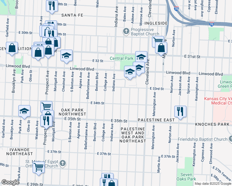 map of restaurants, bars, coffee shops, grocery stores, and more near 3401 East 33rd Street in Kansas City