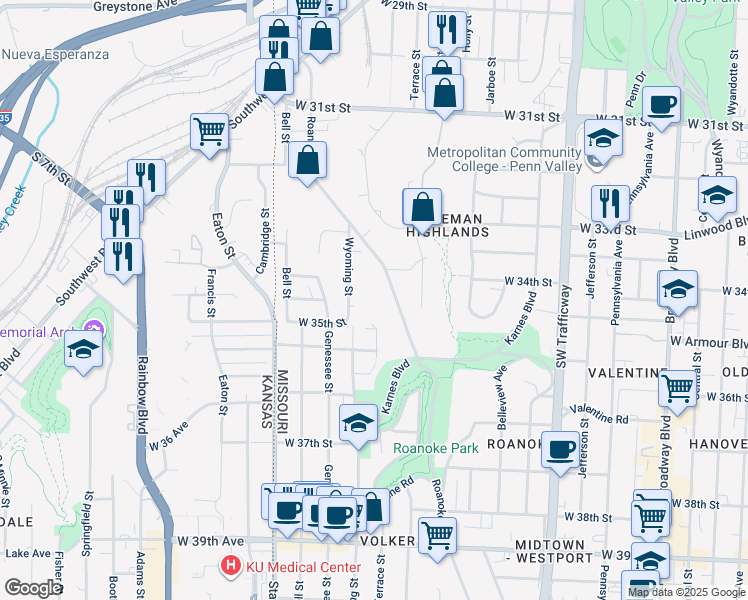 map of restaurants, bars, coffee shops, grocery stores, and more near 3381 Wyoming Street in Kansas City