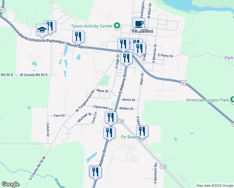 map of restaurants, bars, coffee shops, grocery stores, and more near 661-663 High Street in Versailles