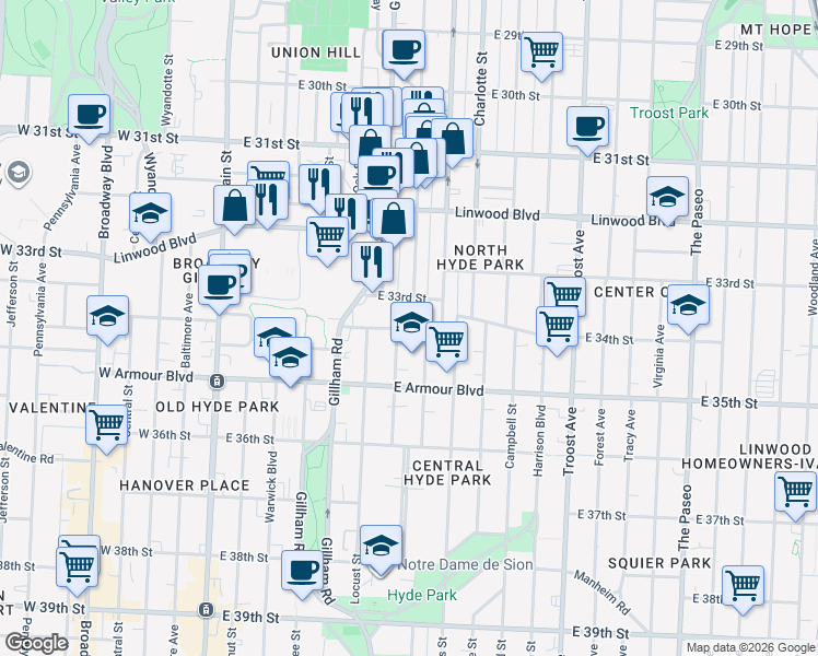 map of restaurants, bars, coffee shops, grocery stores, and more near Gillham Road in Kansas City