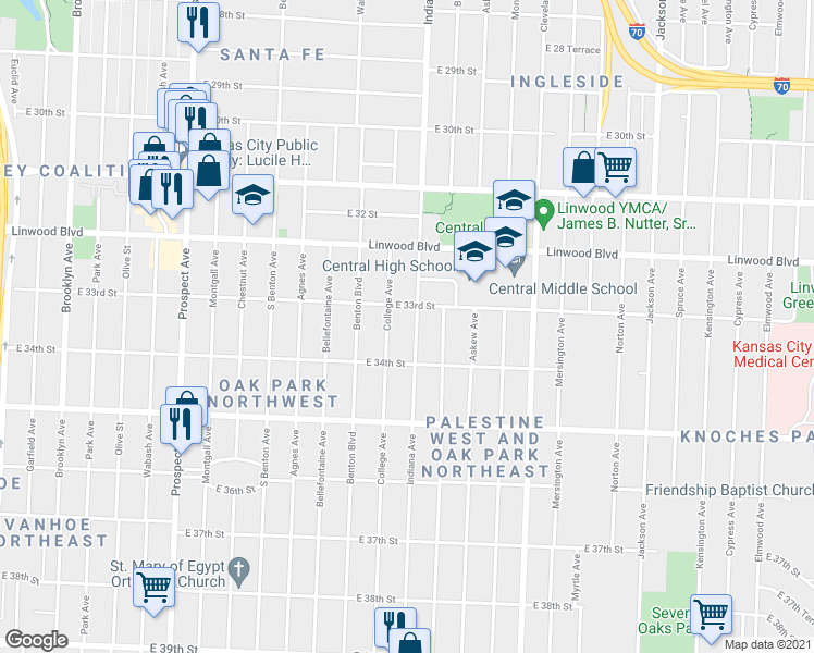 map of restaurants, bars, coffee shops, grocery stores, and more near 3316 Indiana Avenue in Kansas City