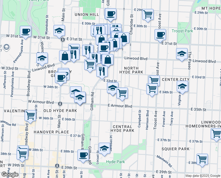map of restaurants, bars, coffee shops, grocery stores, and more near Gillham Road in Kansas City