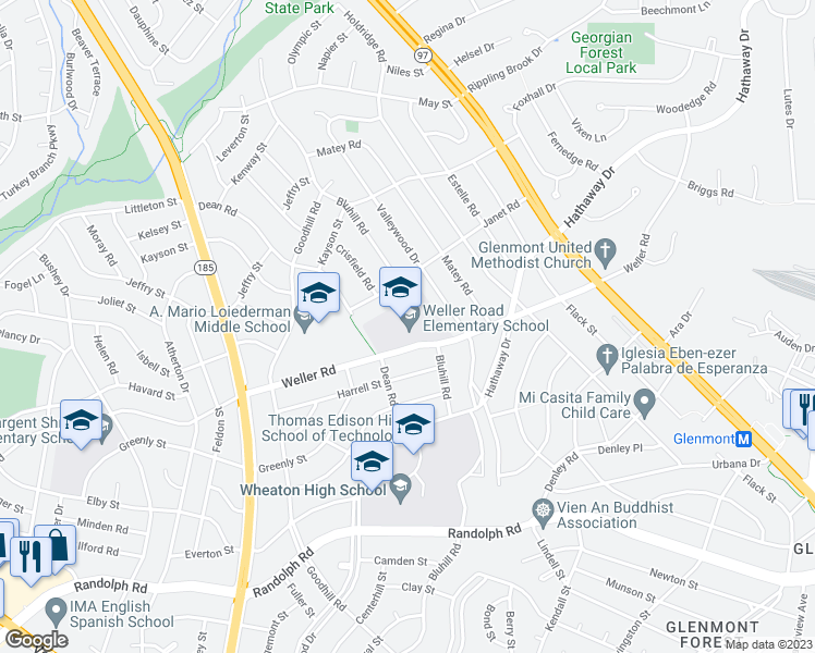 map of restaurants, bars, coffee shops, grocery stores, and more near 3301 Weller Road in Silver Spring