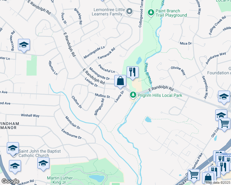 map of restaurants, bars, coffee shops, grocery stores, and more near 1509 Leister Drive in Silver Spring