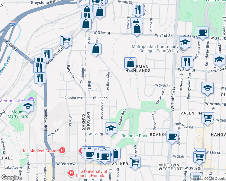 map of restaurants, bars, coffee shops, grocery stores, and more near 3443 Wyoming Street in Kansas City