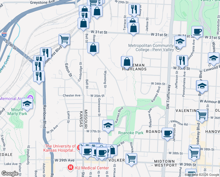 map of restaurants, bars, coffee shops, grocery stores, and more near 3443 Wyoming Street in Kansas City