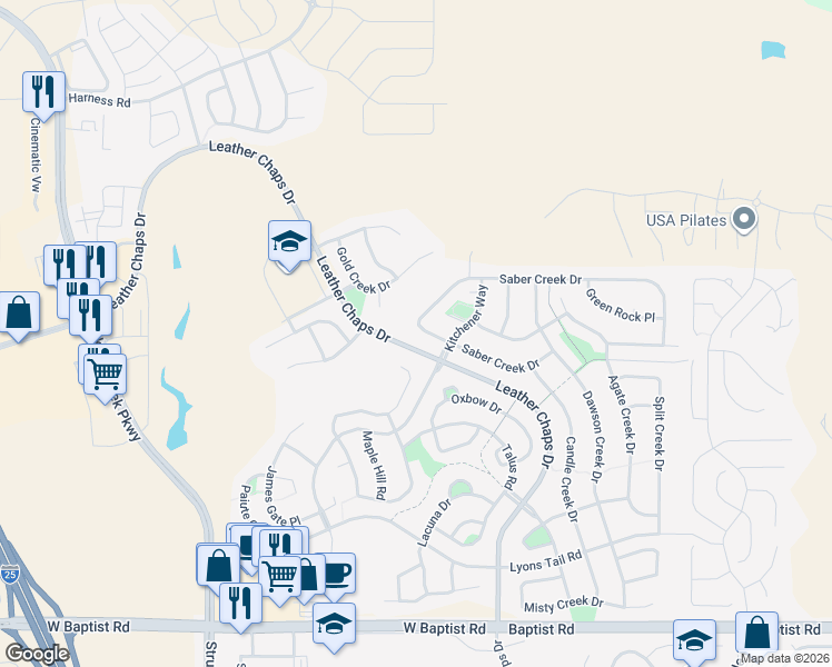 map of restaurants, bars, coffee shops, grocery stores, and more near 574 Saber Creek Drive in Monument