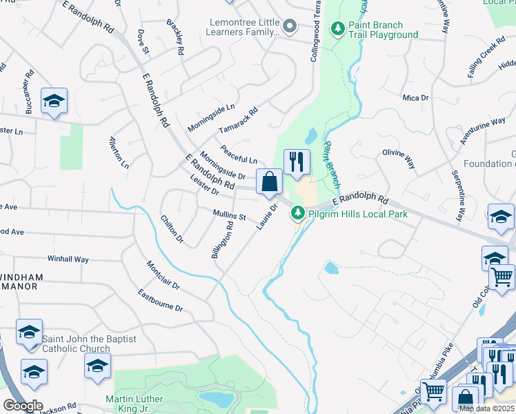 map of restaurants, bars, coffee shops, grocery stores, and more near 1509 Leister Drive in Silver Spring