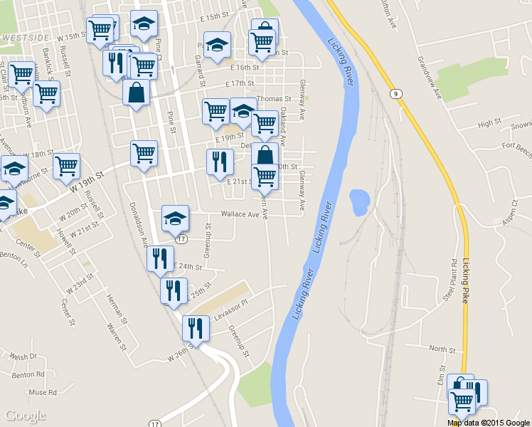 map of restaurants, bars, coffee shops, grocery stores, and more near 2122 Eastern Avenue in Covington