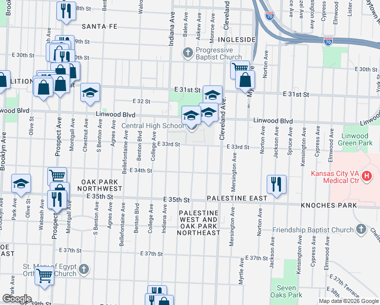 map of restaurants, bars, coffee shops, grocery stores, and more near 3300 Askew Avenue in Kansas City