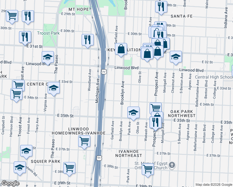 map of restaurants, bars, coffee shops, grocery stores, and more near 3311 Garfield Avenue in Kansas City