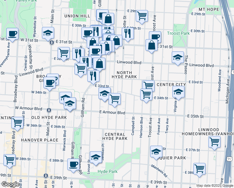 map of restaurants, bars, coffee shops, grocery stores, and more near 3317 Holmes Street in Kansas City