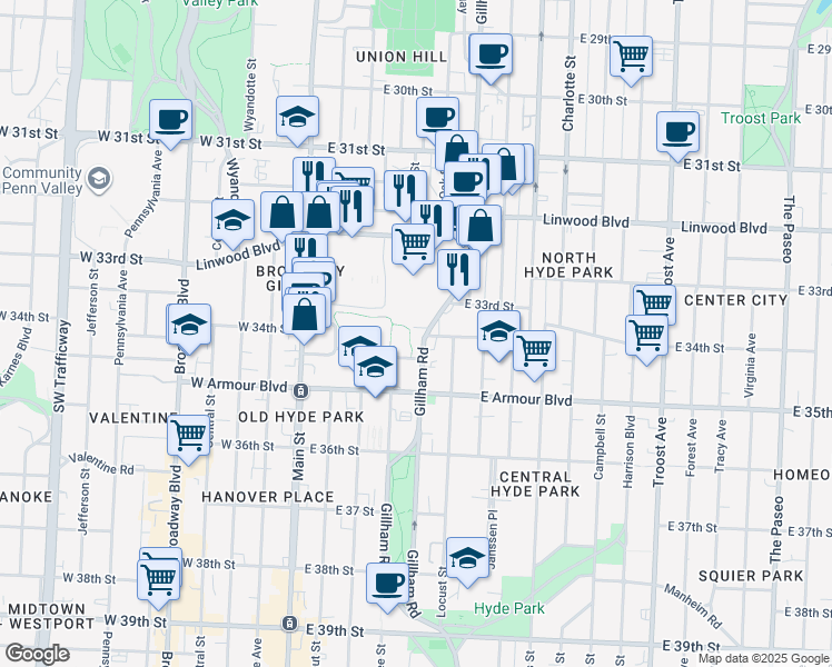 map of restaurants, bars, coffee shops, grocery stores, and more near 308 East 34th Street in Kansas City