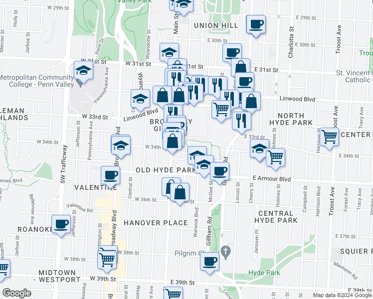 map of restaurants, bars, coffee shops, grocery stores, and more near 23 East 34th Street in Kansas City