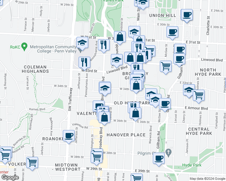 map of restaurants, bars, coffee shops, grocery stores, and more near 206 West 34th Street in Kansas City