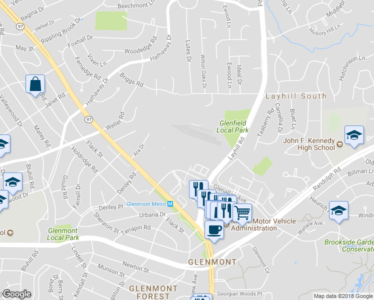 map of restaurants, bars, coffee shops, grocery stores, and more near 135 Klee Alley in Silver Spring