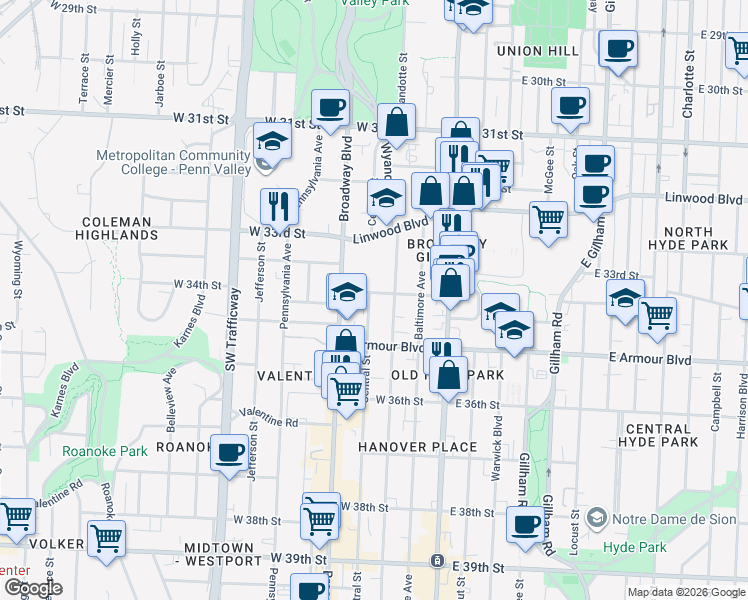map of restaurants, bars, coffee shops, grocery stores, and more near 208 West 34th Street in Kansas City