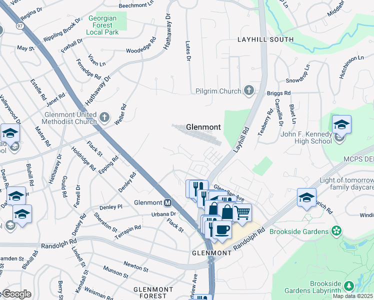map of restaurants, bars, coffee shops, grocery stores, and more near 135 Klee Alley in Silver Spring