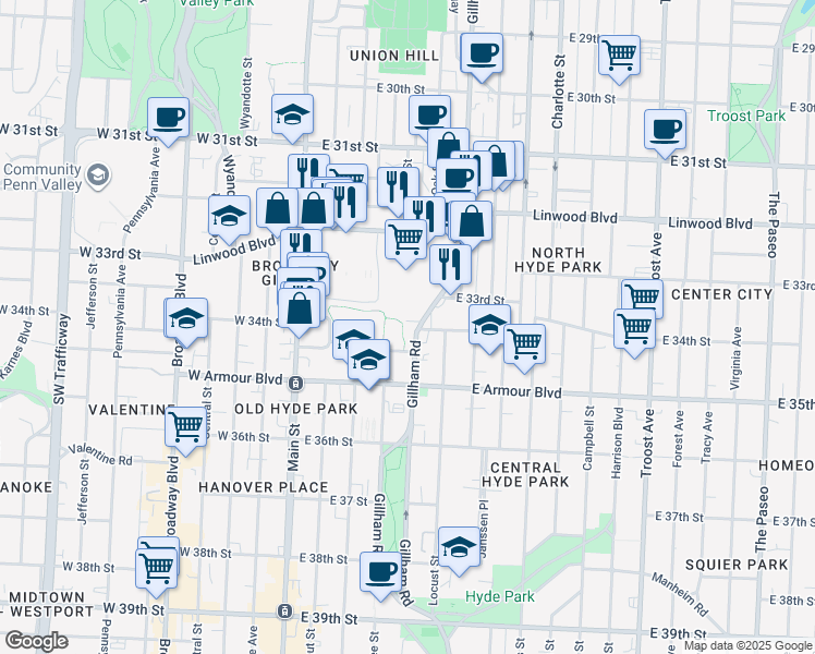 map of restaurants, bars, coffee shops, grocery stores, and more near 308 East 34th Street in Kansas City