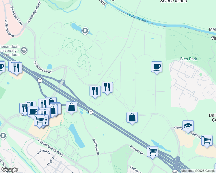 map of restaurants, bars, coffee shops, grocery stores, and more near 44508 Lowestoft Square in Ashburn